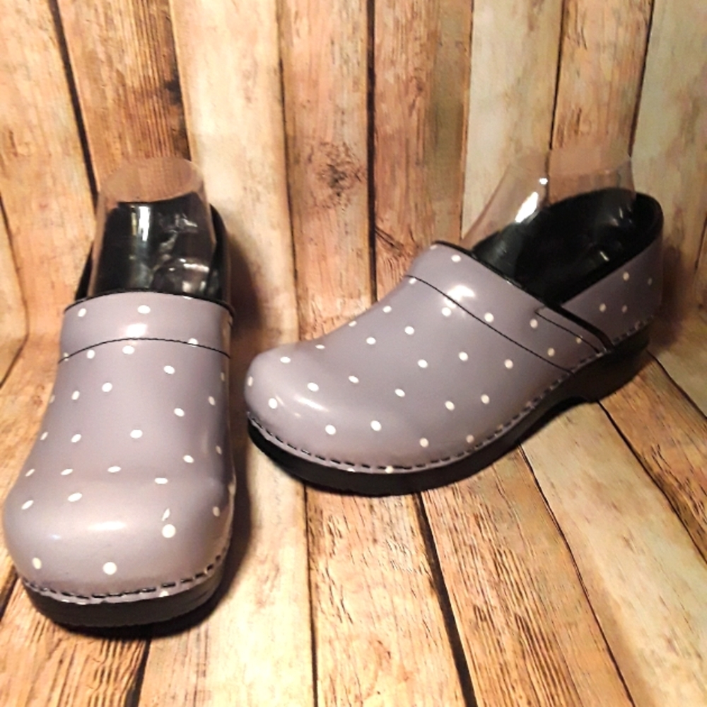 Sanita Women's Leather Clogs Gray w/White Polka Dots Size 40